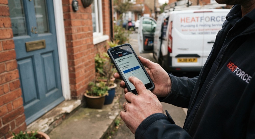 An engineer opens the job card on his phone at the customer's front door.