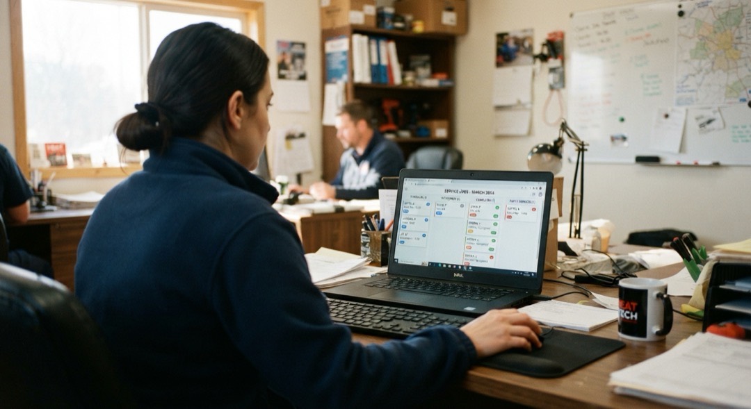 A dispatcher works at a desk with the day's jobs open on a laptop.